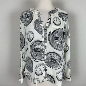 Conversations by Anthropologie Off White Clock Graphic Button Front Top 0